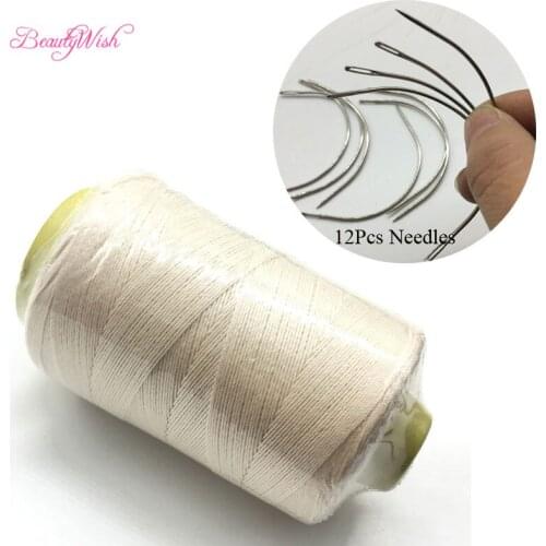 1 Roll Cotton Hair Weaving Thread On Hair Extensions + FREE 12Pcs Big C Weaving Needles 90cm Curved Hair Needles for sewing Hair