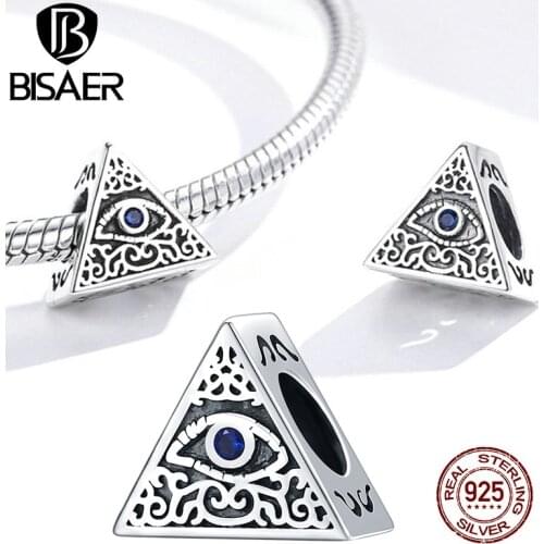 BISAER Lucky Eyes Beads 100% 925 Sterling Silver Triangle Retro Charm Pendant Fit DIY Making Bracelet Necklace Jewelry ECC1567