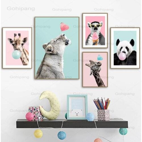 Baby Nursery Wall Art Cute Cartoon Animal Canvas Painting Bubblegum Giraffe Panda Posters Zeabra Pictures for Kid Bedroom Decor