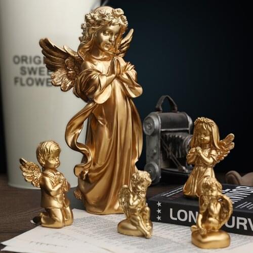 Europe Golden Prayer Angel Ornaments Resin Figure Statues Living Room Furnishings Porch Decoration Craft Home Decor Accessories
