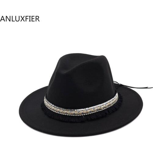 H7553 Women Wool Fedoras Hat Ladies Ribbon Tassel Woolen Felt Flat Eave Jazz Cap Female Fashion All-match Elegant Vintage Caps