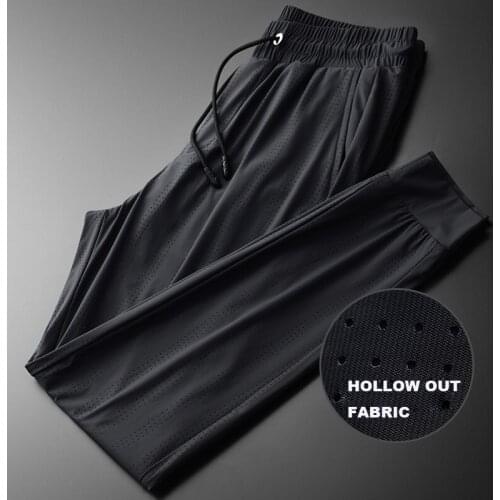 Classic Mens Pants Luxury Hollow Out Fabric Ventilate Silky Ankle-length Men Pants Plus Size 4xl Elastic Waist Sport Man Pants
