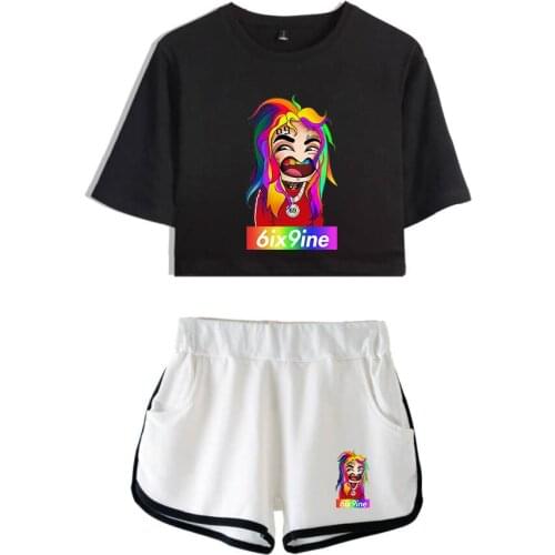 Rapper 6ix9ine Two Piece Set Short Sleeve Crop Top + Shorts Sweat Suits Women Tracksuit Two Piece Outfits Summer Girl Sets
