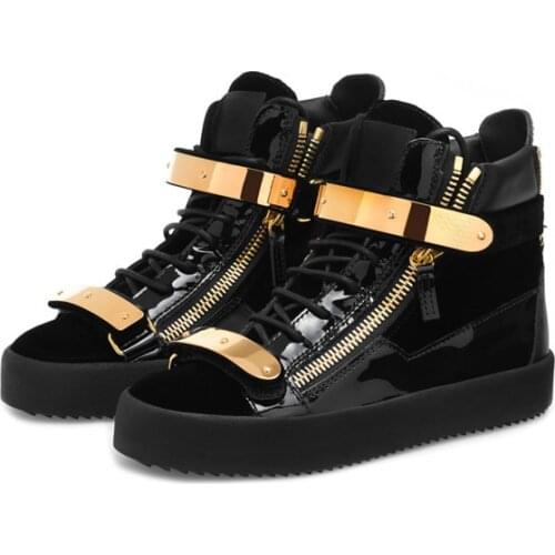 SHOOEGLE Chaussures Homme Men High -Top Sneakers Gold Metal Embellished Flats Patchwork Lace up Casual Trainers Shoes Man