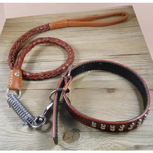 Cowhide collar+leash strong Real Leather big dog collar High quality sewing dog leather leash waving Medium Large dog leash set