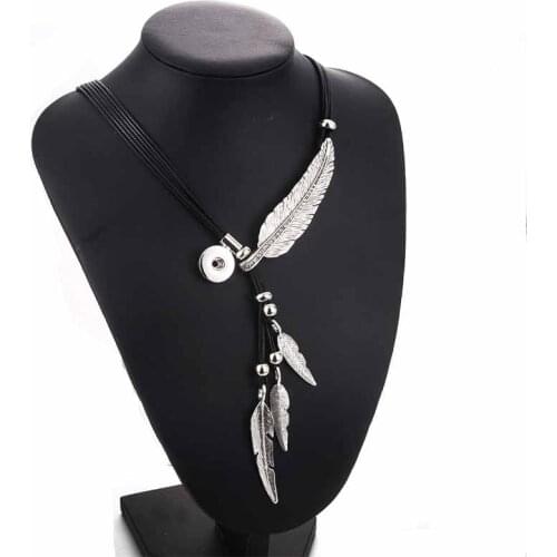 Genuine Leather Feather Shape Snaps Pendant Necklace 18mm Snap Button Jewelry For Snap Jewelry with link Chain 0052