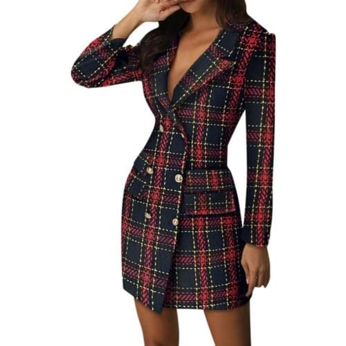 Fashion Women Suit Plaid Blazer Dress Double Breasted Plaid Pattern Sexy Slim Color Block Spring Clothing