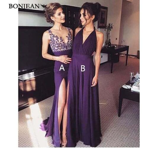 Simple A-Line Long Chiffon Bridesmaid Dresses Cheap Mismatched V-Neck Wedding Party Gown Side SplitBridesmaid DresseCustom Made