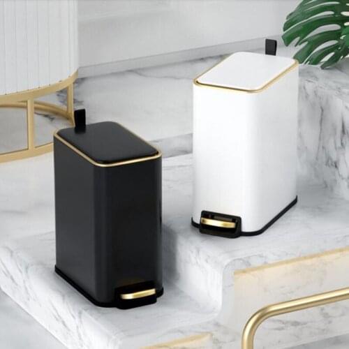 Rectangular Garbage Can with Lid Waste Storage Bucket Trash Can White/Black 5L Light Luxury Pedal Trash Bin Kitchen Toilet Room