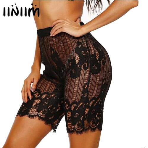 Black Shorts Women Flower Pattern See-through Lace Shorts Mid Waist Elastic Waistband Short Pants Breathable Underwear Nightwear