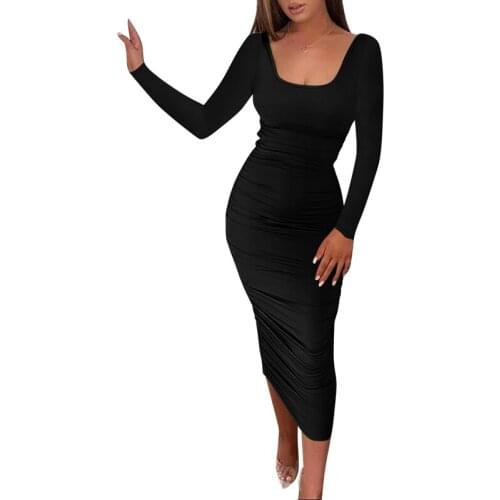 Ruched Long Sleeve Party Elegant Midi Dress Women Bodycon Square Collar 2021Autumn Clubwear Winkle Draped Skinny Dresses M0645