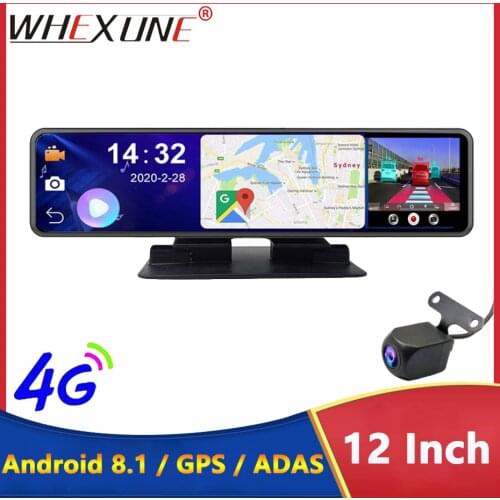 WHEXUNE 4G 12" Android 8.1 Stream Media Car Rearview Mirror 1080P Bluetooth Camera Car Dvr ADAS Super Night WiFi GPS Dash Cam