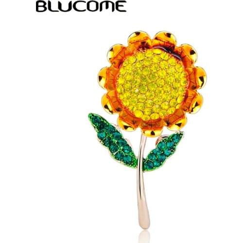 Blucome Sun Flower Plant Brooches Yellow Crystal Gold Color Pendant Jewelry Women Girls Clothes Scarf Bag Hat Pins Accessories