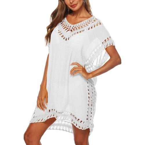 Women Swimwear Cover Up 2021 Loose Sexy Bikini Cover Up Women Bat Short Sleeve Hollow Out V Neck Cover Up Dress for Beach