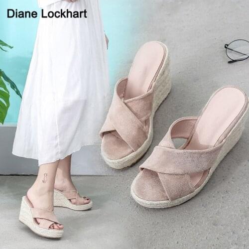 2021 New High Quality Summer High Heels Platform Slippers Ladies Wedges Weaving Ladies Muller Sandals Women 34-41 Beige Black