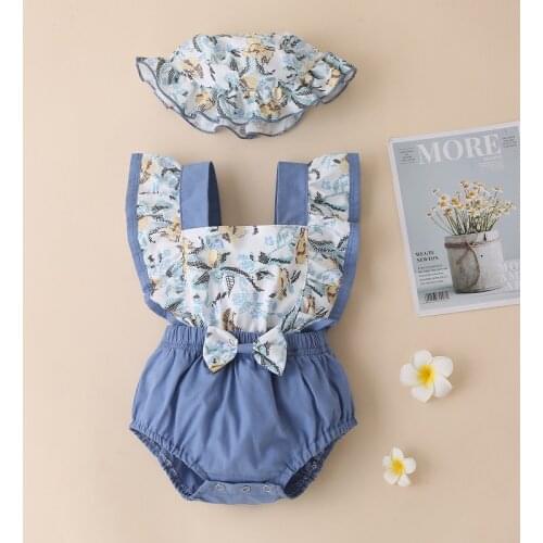 2021 Summer Newborn Baby Girl Sleeveless Floral Patchwork Bow Romper Jumpsuit Hat 2PCS Outfits Baby Clothes