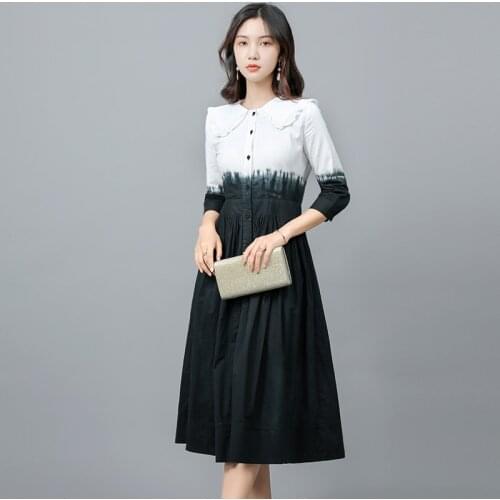 Women Doll Collar High Waist Single-breasted Midi Dress Three Quarters Sleeve Fashion Slim Party Dresses 2021 Female Vestidos