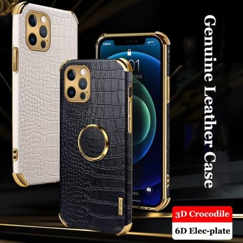 For iPhone 12 Pro Max Mini 11 SE 2020 XS XR 7 8 6S Plus Case Plated Crocodile Texture Genuine Leather Cover Stand Holder Funda