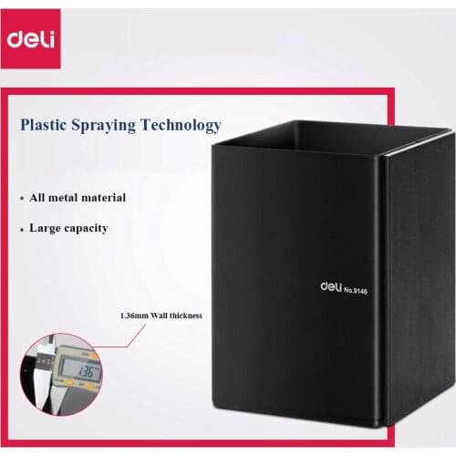 Deli 9146 European style metal pen stands pen holder desktop stationery metal pencil stand box container pot black