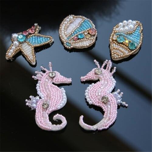 Maxsin 1 Pc Handmade Beads Seahorse Shell Sticker Cartoon Animal Patches Sew On Clothes Shoes Bags Applique DIY Decoration
