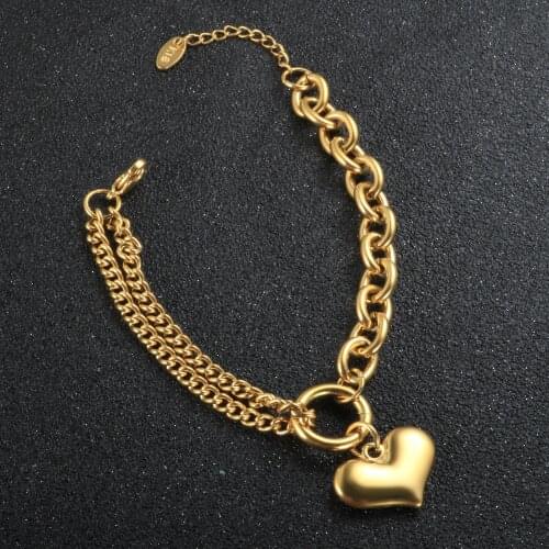 Fashion Heart Double Layer Chain Bracelets Stainless Steel Charm Heavy Industry Coarse Bangle Lover Couple Jewelry For Women Men