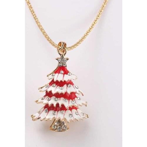 Red Christmas Tree Pendant Necklace Lady Crystal Rhinestone Long Sweater Chain Necklace Pendant Christmas Gift Jewelry
