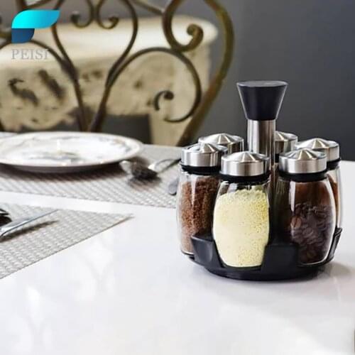 PEISI Revolving Spice Rack Organizer Seasoning Tool Glass Sugar Bowl Salt Jar Pepper Gadget Home Kitchen Storage Accessory Set