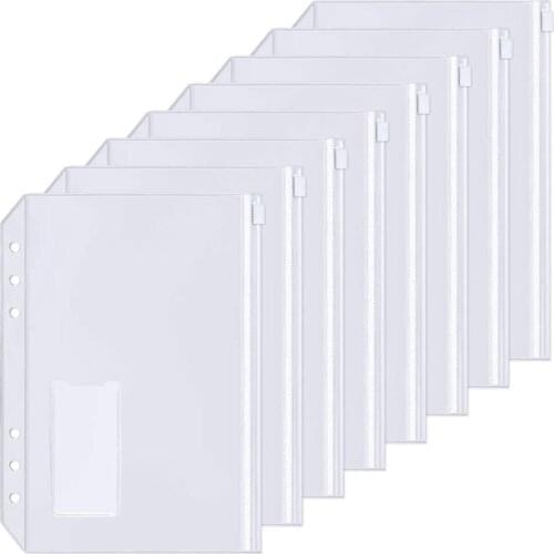 PPYY-15Pcs A5 Binder Pockets 6-Hole Punched Zipper Binder Pocket with Plastic Zipper Label Pocket for 6-Ring Notebook Binder