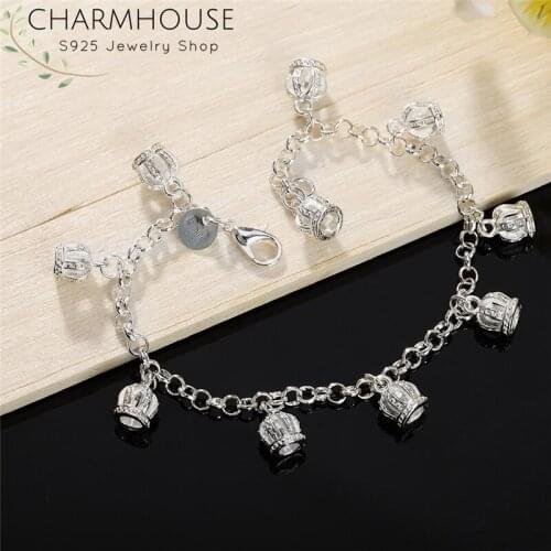 Charmhouse Solid 925 Charm Bracelets for Women 10 Crown Charms Link Bracelet Bangles Wristand Pulseira Wedding Bridal Jewelry