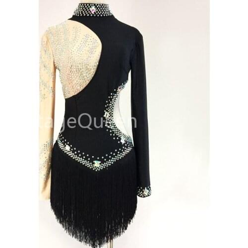 Rhinestones Latin Dance Dresses Lady Performance Latin Dance Clothes Senior Women Tassel Latin Dance Dress Black Salsa Dancewear