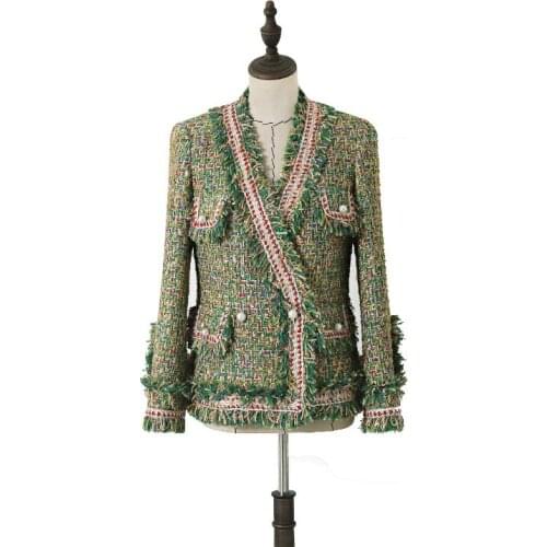 New High Quality Designer Women Tweed Jackets v neck 2021 Spring Autumn Womens Long Sleeve Pearl Button Slim Tweed Coats