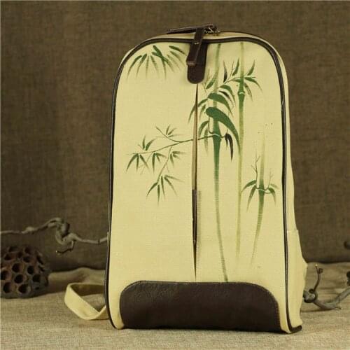 Women Vintage Casual Chinese Ethnic Style Canvas Backpack Hand Printing Bamboo Adjustable Shoulder Straps Bag Zip Pocket