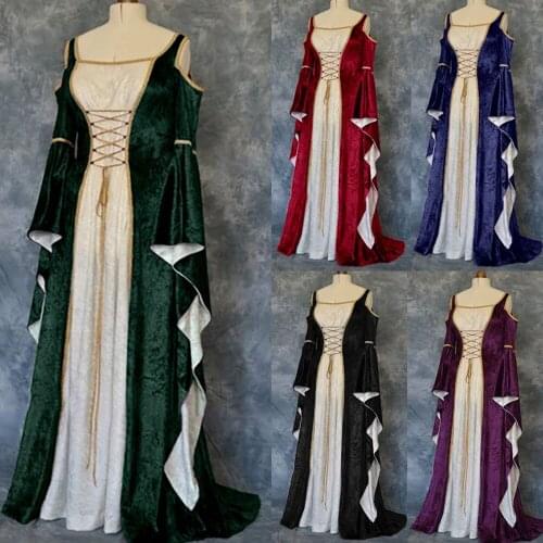 Gold Velvet Bell Sleeve Retro Medieval Palace Dress Halloween Costumes For Women Cosplay Palace Noble Long Robes 5 Colors DL5671