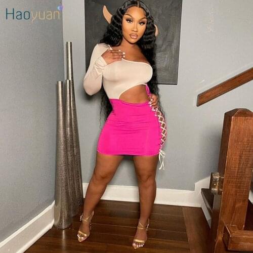 HAOYUAN Sexy Patchwork Bandage Mini Dress One Shoulder Hollow Birthday Outfits for Women Y2k Clothing Night Club Ladies Dresses