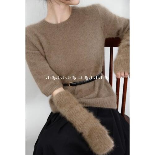 2021 Winter New 100% Mink Cashmere Sweater with Thick Gloves Round Neck Short Sleeves Loose Pullover Fluffy and Soft JNS043