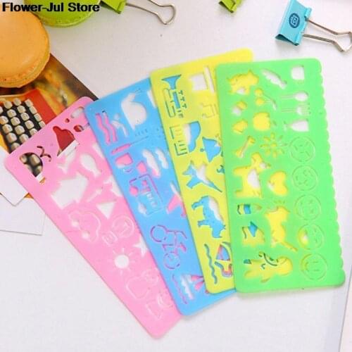 4pcs/Set Cartoon DIY Painting Set Ruler Creative Animal Aircraft Model Supplies For Kids Plastic Drawing Template Painting Ruler