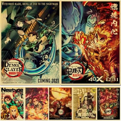 Anime Poster Demon Slayer Kimetsu no Yaiba Mugen Ressha-Hen Retro Kraft Paper Poster For Living Room Bar Decor WALL Stickers