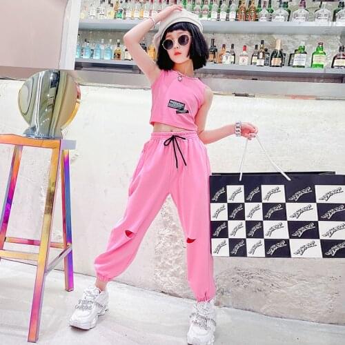Children Jazz Dance Girls Clothes Summer Cotton Outfits Sleeveless T-shirt Short Vest Tops Ripped Holes pants Modern Girls Suits