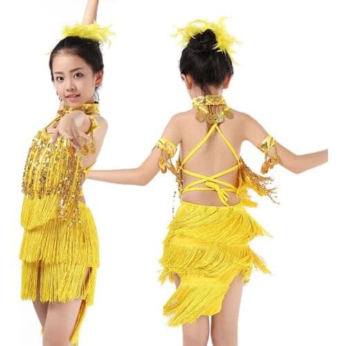 Newest style Girls tassel Fringe Latin Dance Dresses Kids One piece Stage Show Dancewear Salsa/Samba/Cha Cha/Tango Dance dress