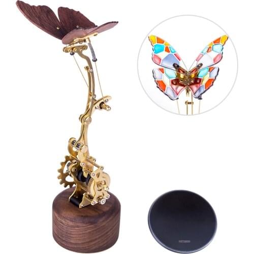 DIY Metal Solid Wood 3D Dynamic Mechanical Model Kits Assembly Flying Butterfly Model Gift Decor- Motor/Gear Rotating Version