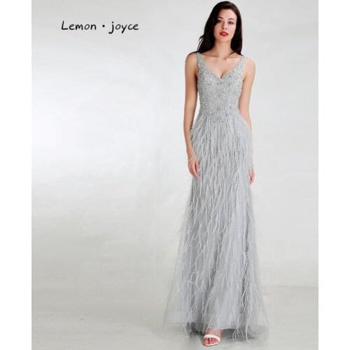 Lemon joyce Formal Gray Evening Dresses 2020 Sexy V-Neck Backless Feathers Elegant Long Party Prom Gowns Plus Size