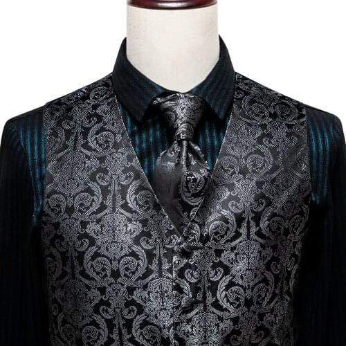 Hi-Tie Black Luxury Paisley Vest Suit For Men Floral Waistcoat Fashion Mens Vest Set For Wedding Bussiness Hanky Cufflinks Set