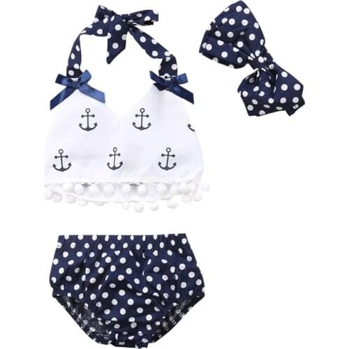 Wholesale Baby Girl Summer Clothes Infant Clothing Sleeveless Anchor Tops+Polka Dots Shorts Headband 3PCS Outfits Set