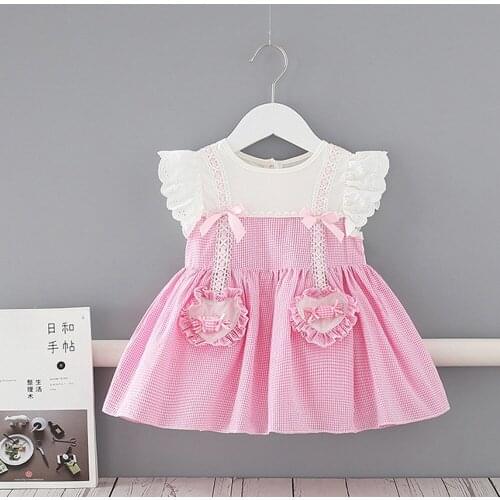 Summer Girls Kids Princess Dress Plaid Short Sleeve Children Baby Infants Sweet Bow Ruffle Lace Dresses Vestidos S12122