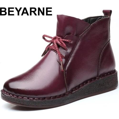 BEYARNEWinter Soft Women Boots Booties Flat Shoes Embroidered Genuine Leather platform Boots Fashion Women Shoes Fur Ankle Boots