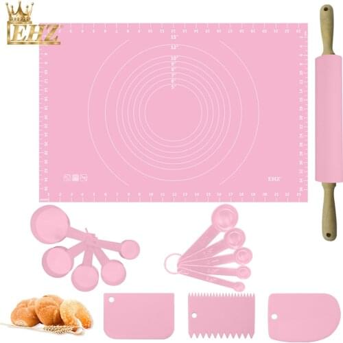 EHZ Baking Set Large Silicone Pastry Mat Extra Thick Non Stick Pastry Board Measuring spoon Mat Dough Rolling Pin Baking Sheet