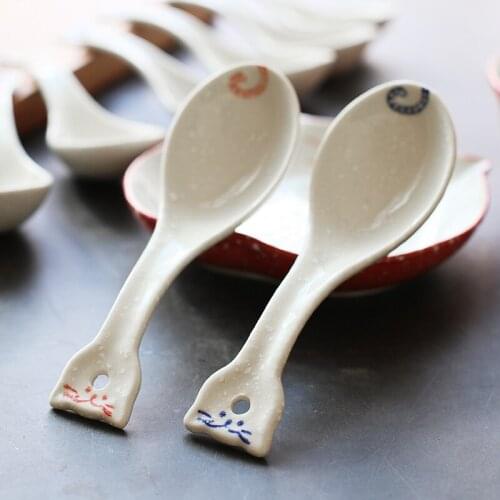 Set of 8pcs Cartoon Cat Spoons Ceramic Snowflakes Glaze Soup Spoons Maneki Neko Design Soup Spoons Dinnerware Blue/Red 14cm