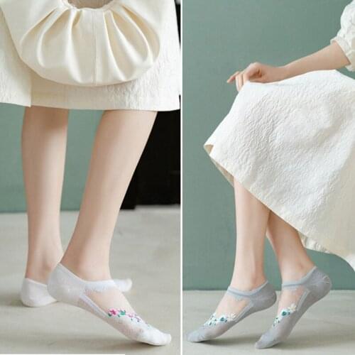 1Pairs Funny Socks Women Casual Summer Transparent Harajuku Floral Print Ankle Socks School Girls Breathable Invisible Socks