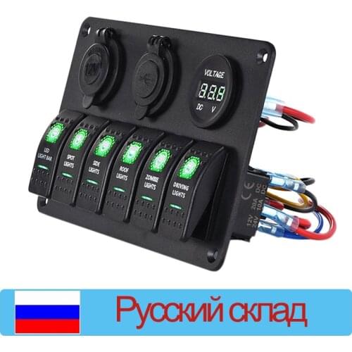 6 Gang Marine Boat Rocker Switch Panel With Fuse 4.2A Dual USB Slot Socket Digital Voltage Display Cigarette