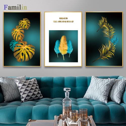 Nordic style Golden leaf canvas painting posters and print modern decor wall art pictures for living room bedroom dinning room